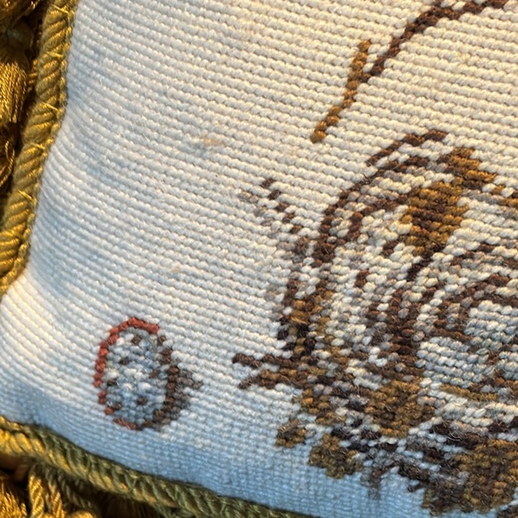 Wool Needle Point Pillow with Tassel Fringe-Song Bird with Nest-Beige/Tan - Picture 6 of 13